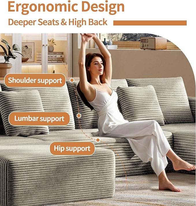 Fancyfire 134.6" Cloud Modular Sectional Couch with Chaise and Pillows,Ultimate Comfort U-Shaped Deep Seat Sofa,Boneless Couch Upholstered 3-Seater Sofas for Living Room, No Assembly Required(Khaki)