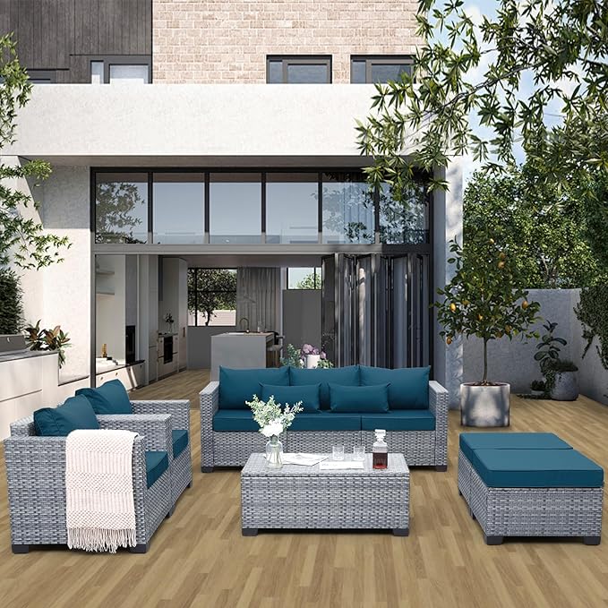 Lviden 6 Pieces Wicker Patio Furniture Sets Outdoor Conversation Set HDPE Rattan Sectional Sofa Couch with Storage Table and Peacock Blue Cushions