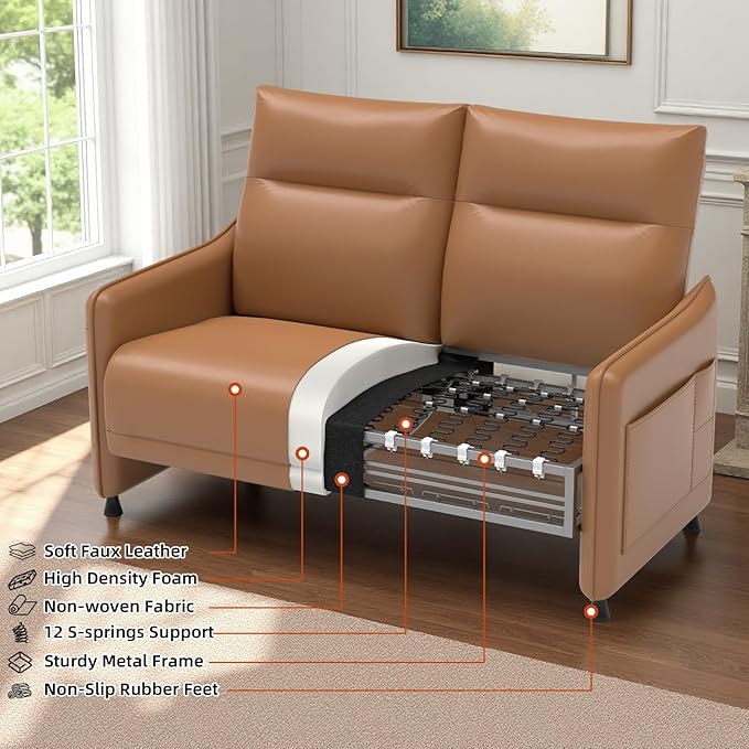 Tbillionnext Faux Leather Loveseat, Upholstered Loveseat with Hidden Foldable Tray & Side Pocket, Rear Contour Arm Design, Modern 2-Seater Sofa Couch for Small Spaces, Bedroom, Brown