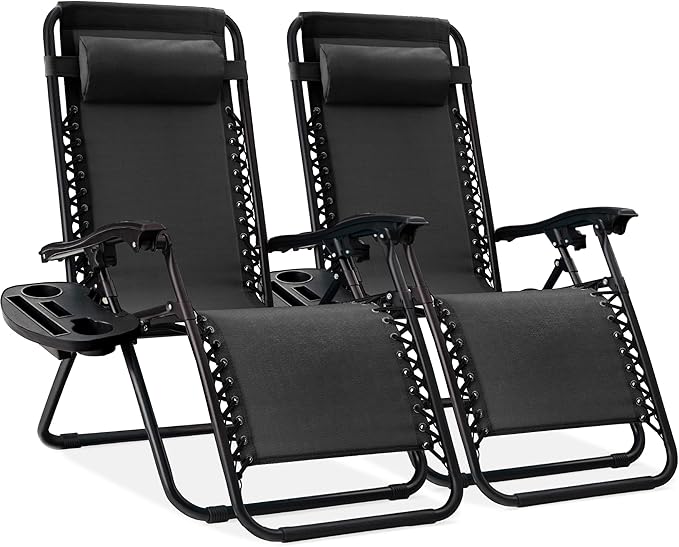 Best Choice Products Set of 2 Adjustable Steel Mesh Zero Gravity Lounge Chair Recliners w/Pillows and Cup Holder Trays - B...
