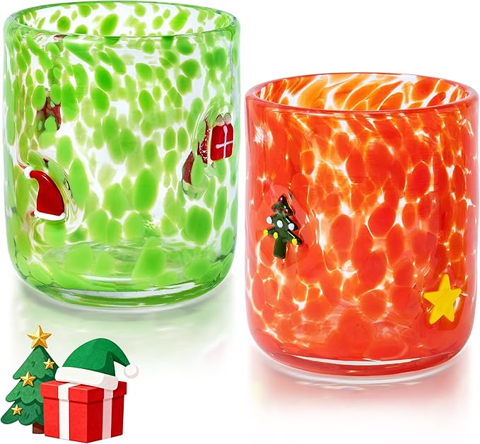 9tilight 2Pcs Christmas Icon Juice Glasses 14oz Icon Stemless Drinking Glasses Set, Xmas Double Old Fashioned Glass Drinki...