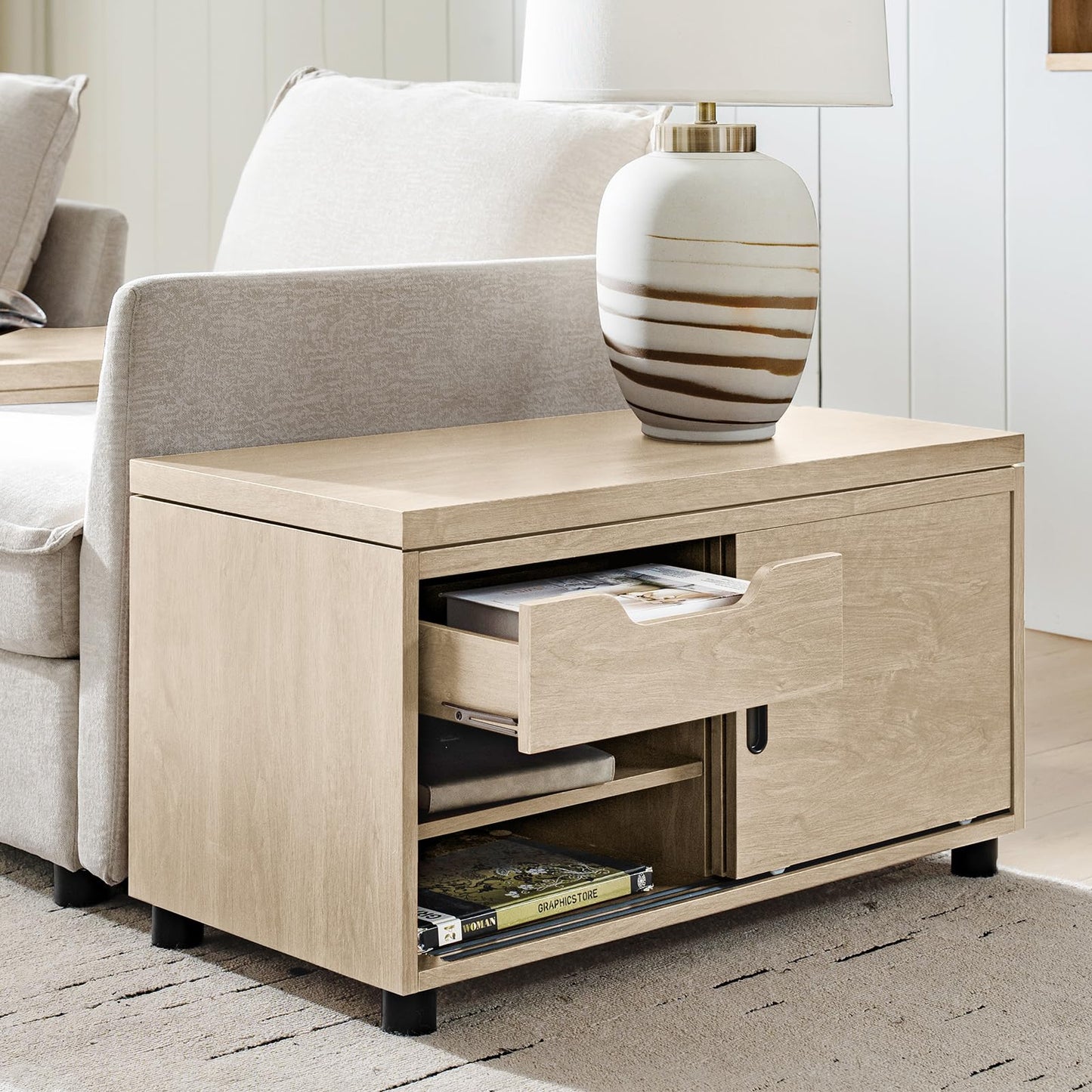 HULALA HOME Coffee Table with Storage, Modern Sofa Side Table with Modular Design, Rectangle Wood End Table with Adjustable Shelves, Natural