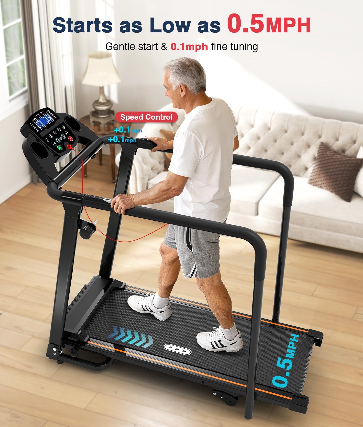 Redliro Treadmill for Seniors with Long Handrails - 300 lb Capacity, 0%-2% Incline, Foldable Compact Rehab Walker with Screen-Off & Mute Buttons, Wheels, Cup/Phone Holder for Home Apartment Exercise