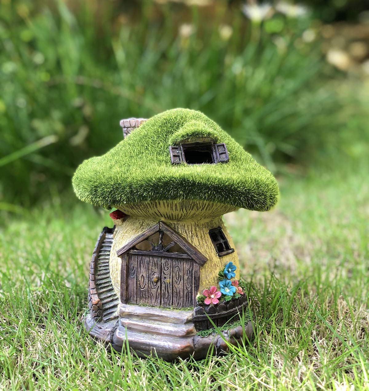 TIBLEN Solar Gnome Grass-Roof Mushroom Garden House, Outdoor Gnome House Figurine with Solar Lights, Little Garden Cottage Figurines