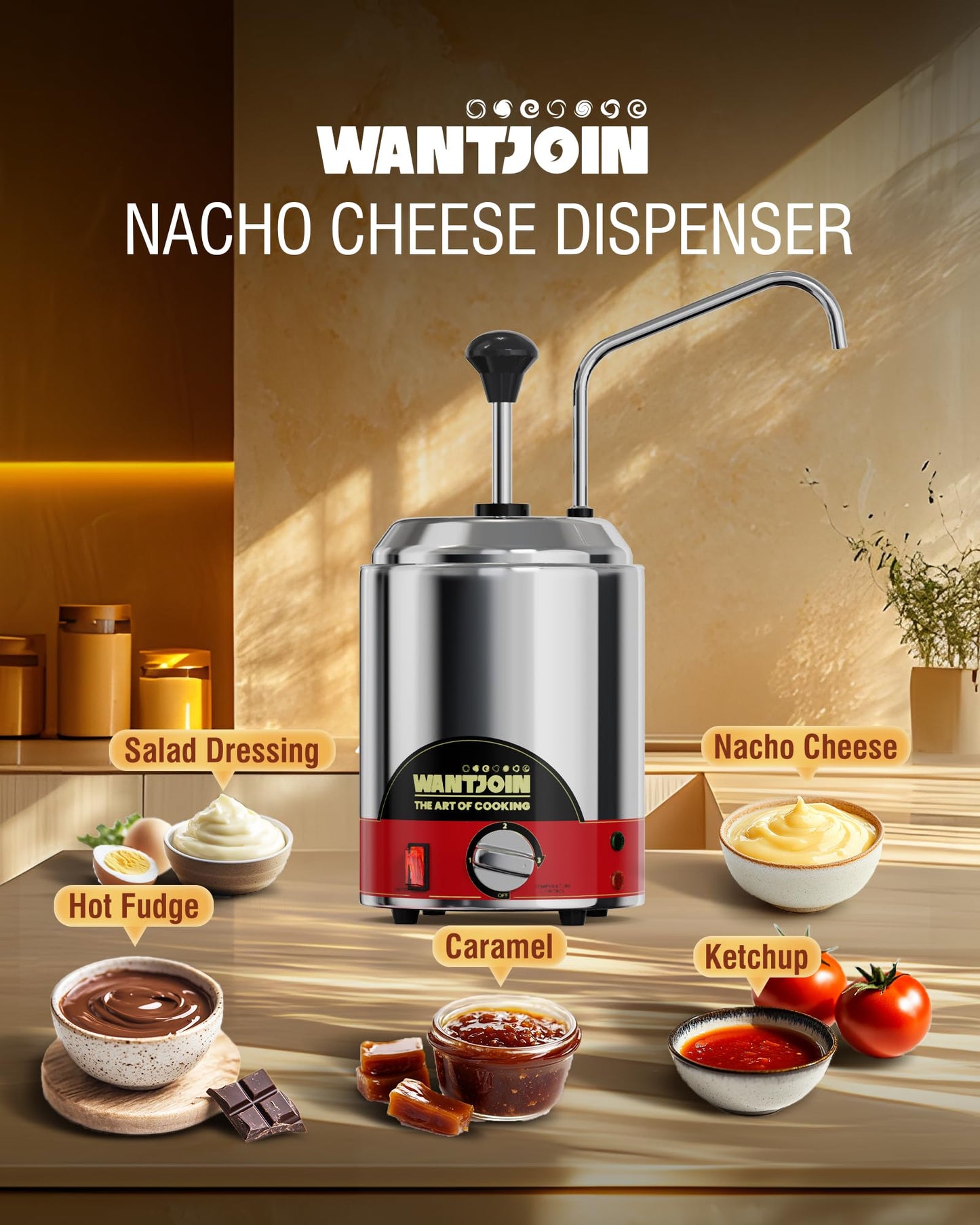 WantJoin Nacho Cheese Dispenser with Pump - 2.6 Qt Cheese w/Warmer Stainless Steel Pump Hot Fudge Warmer 86-185°F Temperature Control, Commercial Nacho Cheese Warmer Dispenser for Hot Fudge Caramel