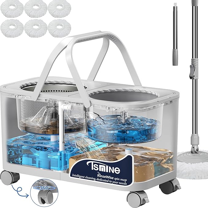 Gen 1 Compact Mop and Bucket Set with 360°Swivel Wheels, Spin Mop for Floor Cleaning, Clean & Dirty Water Chambers,Space-Saving Design, Wet Dry Mop with 61" Long Handle & 6 Microfiber Mop Heads-Grey