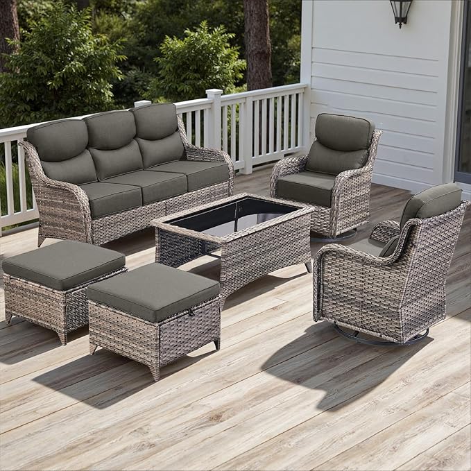 Rilyson Wicker Outdoor Patio Furniture Set - 6 Piece Patio Conversation Sets with Swivel Rocker Chairs, Ottomans, Sofa and Coffee Table, 6 inch Cushions, Deep Seating, for Porch Deck Mixed Grey/Grey