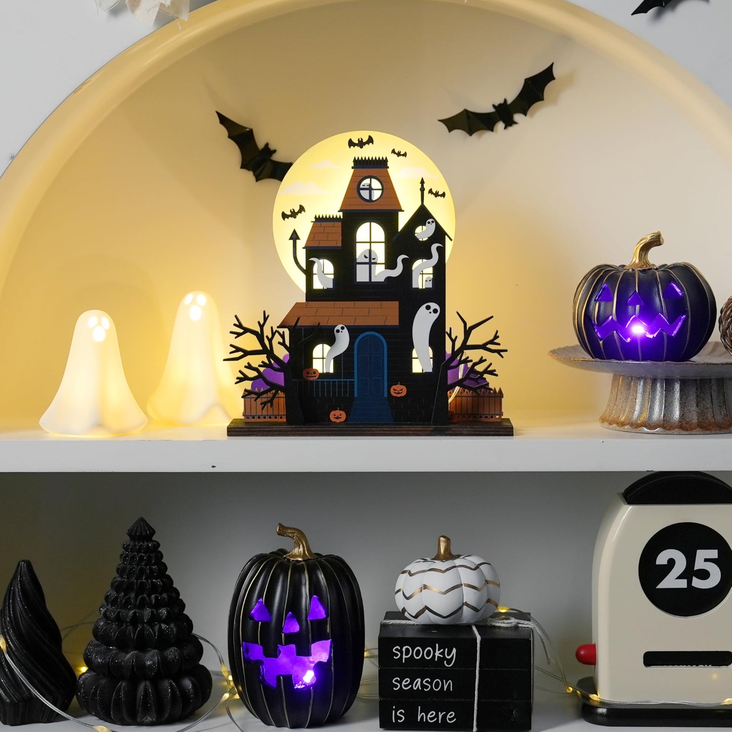 FESTGLOX Halloween Haunted House Decorations, Detachable Light Up Ghost House, Wooden Halloween Tabletop Decorations, Battery Operated Lighted Houses Village Indoor Spooky Decor