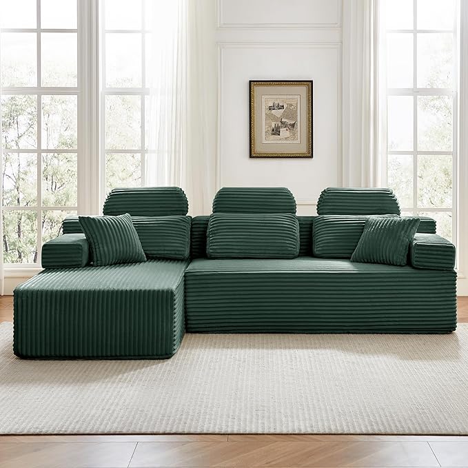 104" L-Shaped Cloud Modular Sectional Sofa with Chaise & Headrest, Boneless Deep Seat Plush Corduroy Couches for Large Living Room, No Assembly Required (Green, 104" L-shapred Chaise)