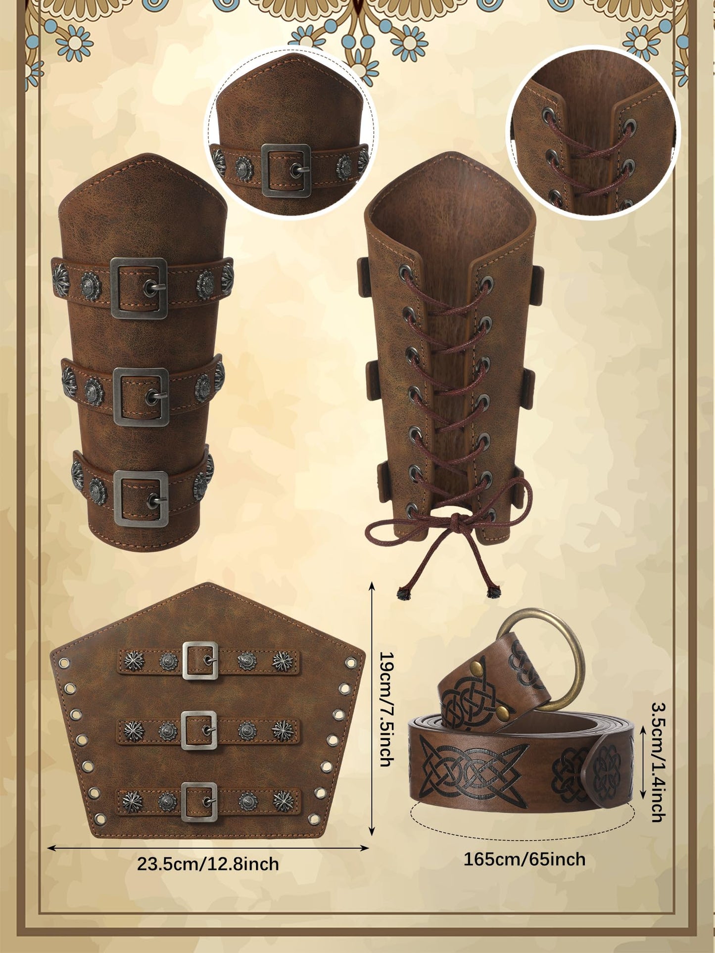 Jiuguva 4 Pcs Halloween Men's Renaissance Costume Set Medieval Pirate Shirt Ankle Banded Pants Viking Belt Accessories (Classic Color,Large)