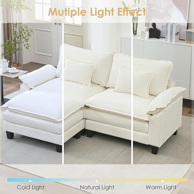 URRED Cloud Couch Modular Sectional Sofa, 87" Modern L Shaped Deep Seat Sofa with Ottoman & Pillows, Ultra Comfy Chenille Couches for Living Room, Bedroom or Apartment, White | Chenille Fabric, Skin Friendly, Breathable, Ergonomic Design, Flexible Modular
