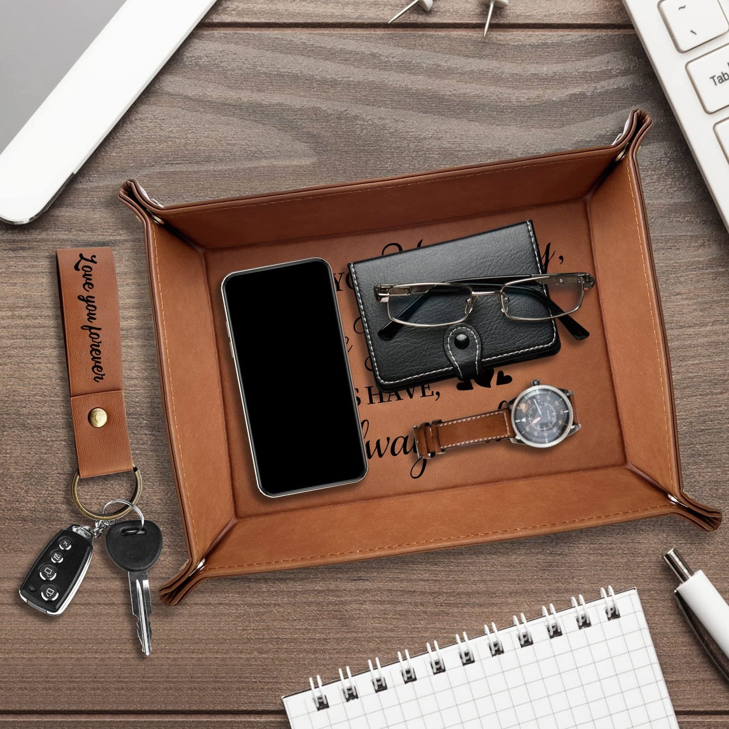 XIKAINUO Loved You Yesterday, Love You Still, Engraved Leather Catchall Valet Tray with Love You Forever Engraved Keychain Gift for Wedding Anniversary Husband and Wife