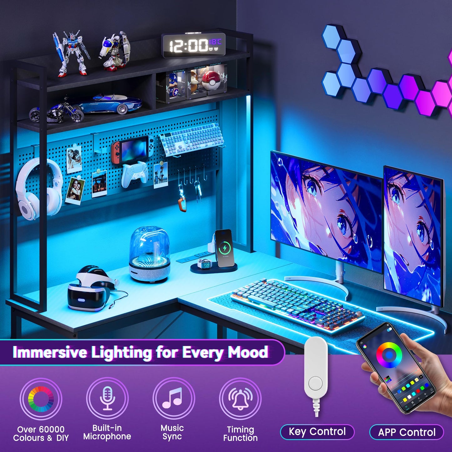 Apicizon L Shaped Gaming Desk 53", Reversible Corner Computer Desk with LED Lights, Carbon Fiber Surface, Pegboard with Hooks, Drawer & PC Tower Stand, USB Charging Port