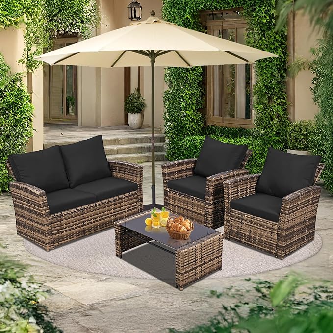 FHFO 4 Piece Outdoor Patio Furniture Set,Wicker Conversation Sets Outdoor Sectional Patio Sofa Couch with Cushions & Coffee Table for Outside, Garden, Balcony, Porch,Yellow/Black