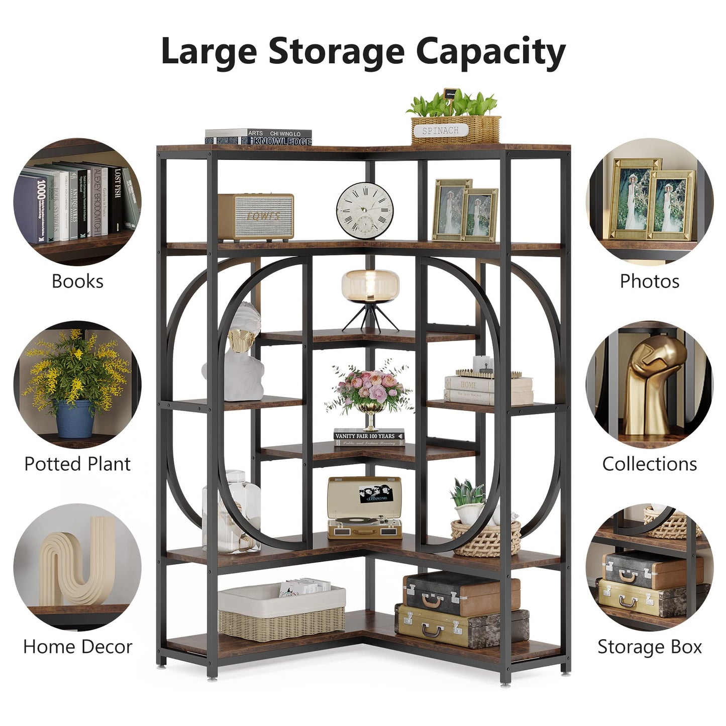 Tribesigns 7-Shelf Corner Bookshelf, Large Modern Corner Bookcase, Tall L-Shaped Corner Shelf Stand Display Rack with Storage, Metal Frame for Living Room Home Office (Rustic Brown)