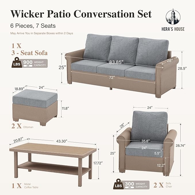 HERA'S HOUSE 6-Piece Patio Furniture Set, All Weather 7 Seats Outdoor Wicker Sofa with Ottomans, Rattan Patio Conversation Set with 5.5" Thick Cushions and 44" Coffee Table, Grey