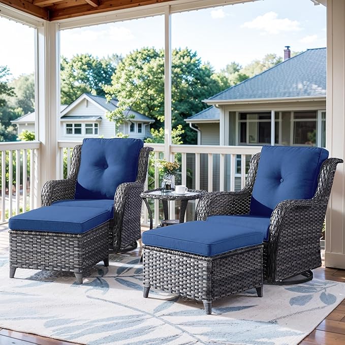 Belord 5 Pieces Patio Furniture Sets Wicker Outdoor Furniture, Rattan Patio Swivel Glider Chairs with 2 Ottoman and Glass Side Table
