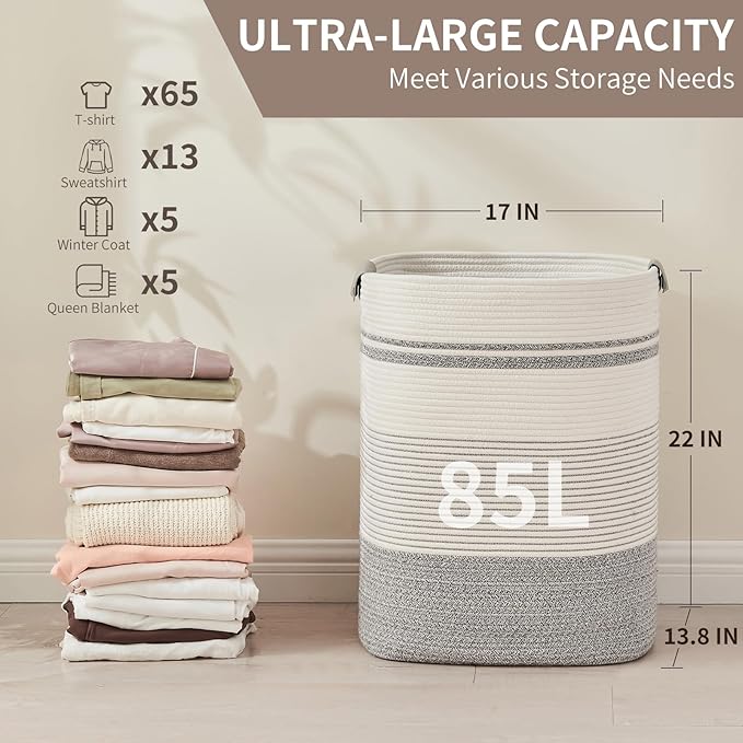 DOFASAYI Laundry Hamper - 85L Large Laundry Basket with Leather Handles, Decorative Storage Basket for Blankets - Clothes Hamper for Living Room, Bedroom, Grey & White