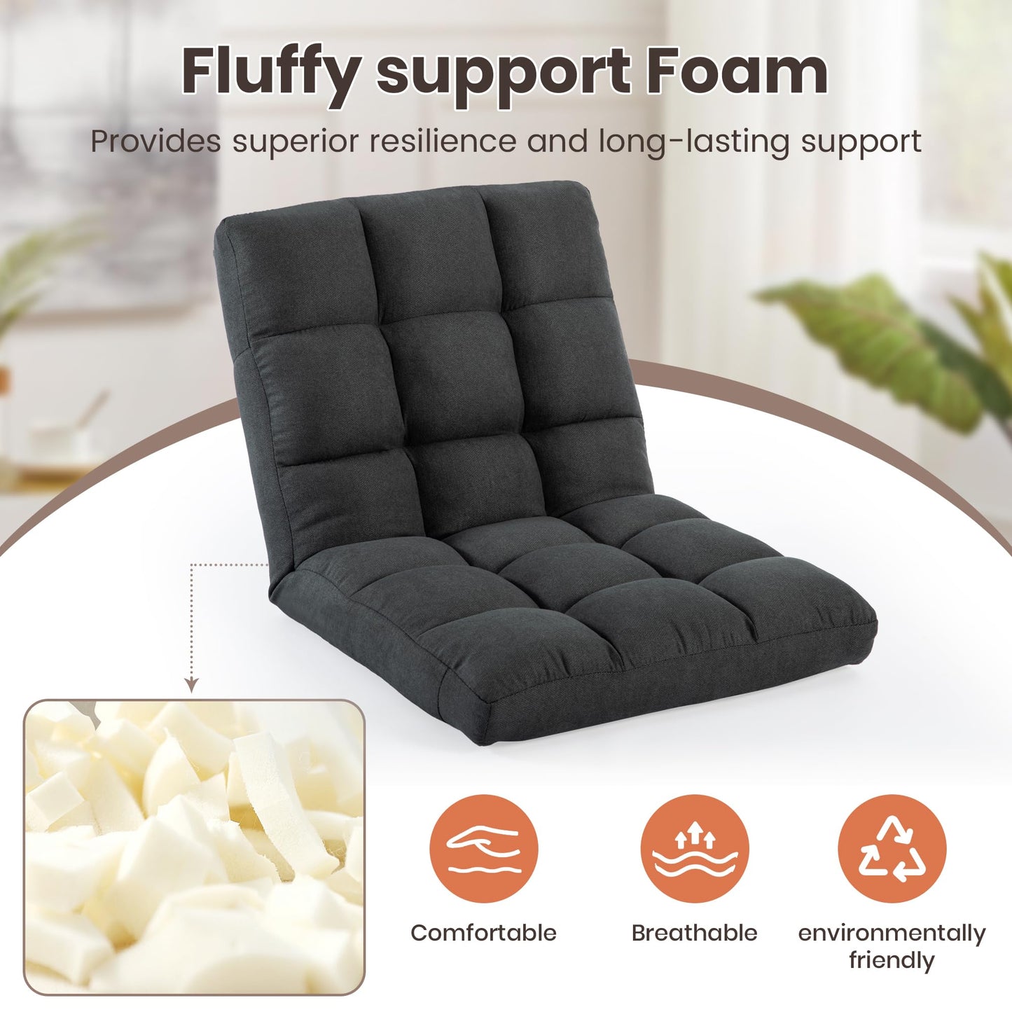 HOMYEDAMIC Floor Chair with Back Support with 6 Adjustable Position, Recliner, Folding Gaming, Meditation Chair for Adults (Grey)