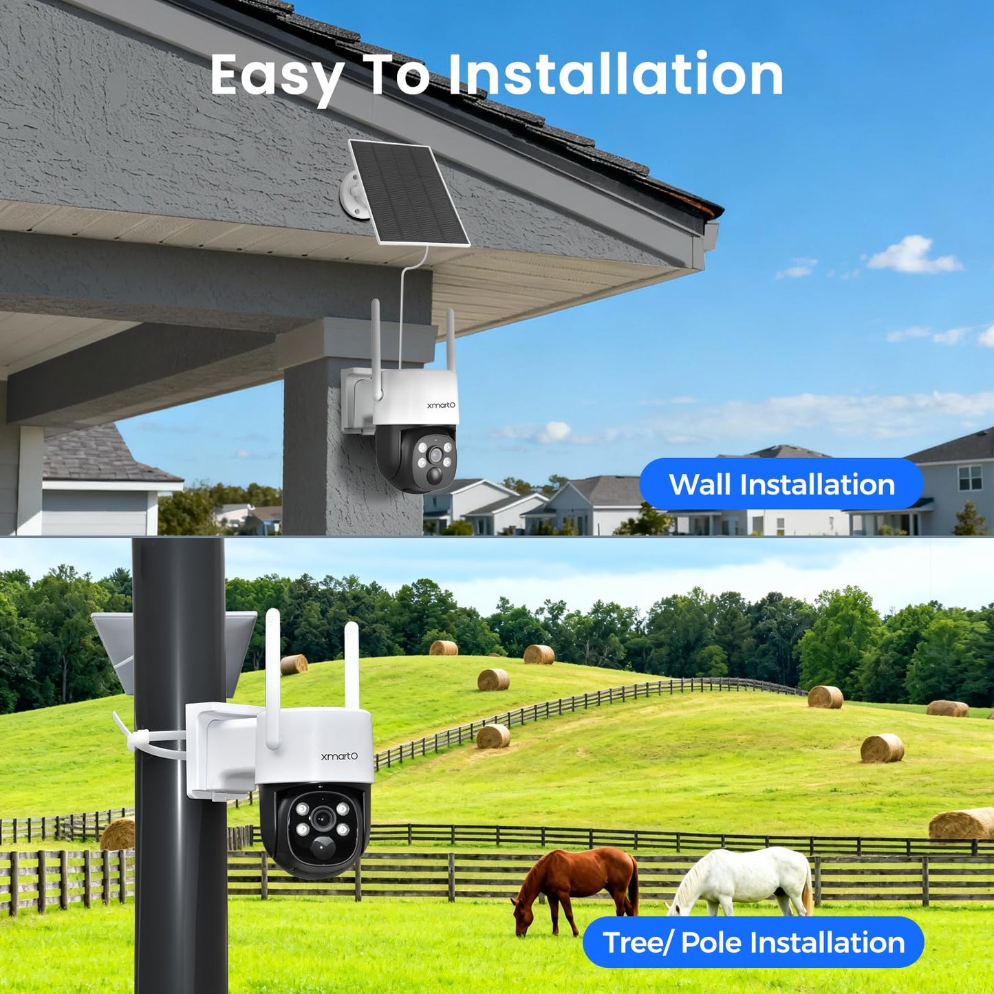 xmartO Solar Camera Outdoor Wireless, 4 PCs QHD 4MP PTZ AI Tracking Security Camera System with 4K 10CH Expandable WiFi NVR, All-Weather Solar Charge, 2-Way Audio, PIR Sensor, No Monthly Fee, 500GB