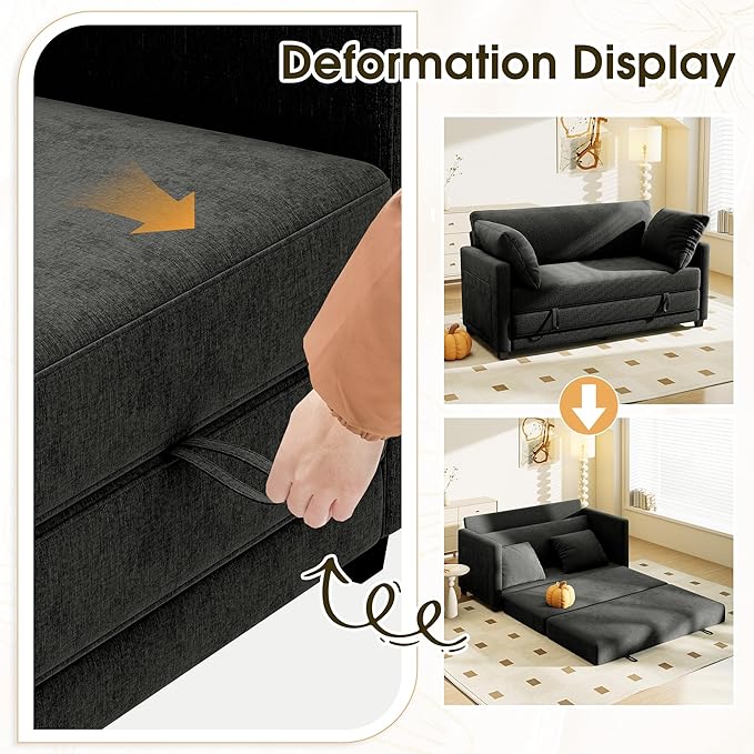 Myroyalsit 65" Convertible Loveseat Sofa Bed, 2-in-1 Folding Sofa Bed with 2 Pillow for Small Spaces, Modern Loveseat Sleeper Couch for Apartment, Living Room & Guest Room (Black Chenille, 65 inch)