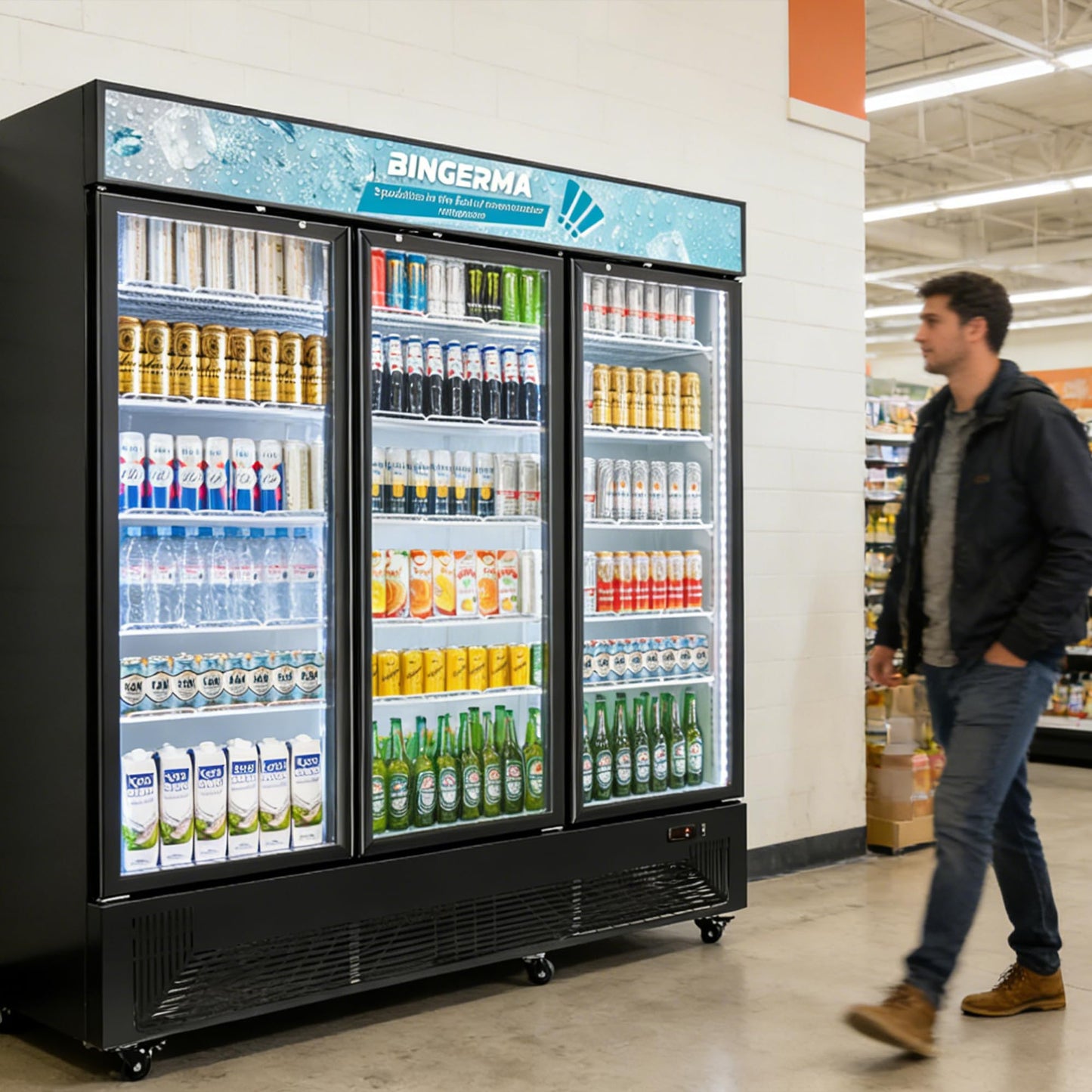 BINGERMA Commercial Beverage Refrigerator with 3 Glass Doors 56 Cu.ft Display Merchandiser Cooler Bar Black Drink Fridge for Convenience Stores, Supermarkets,Bars,Offices