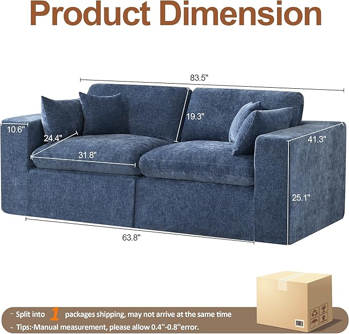 88''Cloud Boneless Sectional Couch, Modular Sectional Sofa Deep Seat, Upholstered Convertible Comfy Loveseat Chenille Memory Foam Sofa Couches for Living Room, Blue
