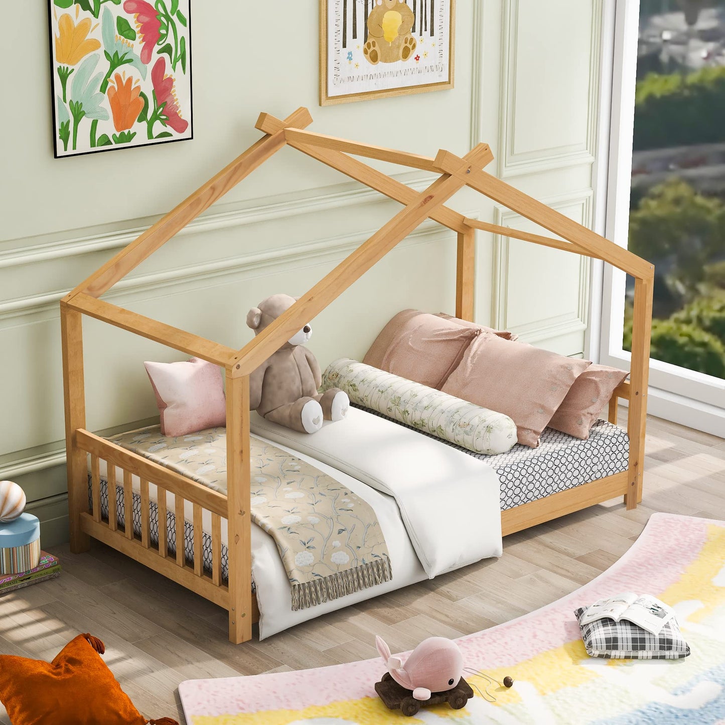 Bellemave Floor House Beds Wood Montessori Bed Frame Twin Size Platform Bed with Headboard & Footboard for Kids Boys Girls Teens, Natural