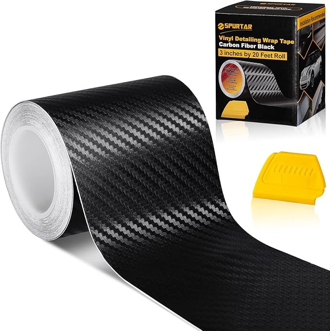 Spurtar Carbon Fiber Wrap Black Vinyl Wrap for Cars, 3 Inch x 20 ft Universal Chrome Delete Dry Carbon Fiber Tape Door Edg...