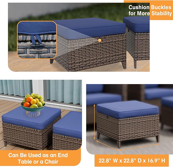 COOS BAY Harbor Retreat 3 Piece Outdoor Furniture Set, Patio Conversation Set with 3 Seat Couch and Ottomans, Wicker Furniture, Brown/Blue