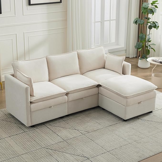 80" Cloud Modular 3 Seater Sofa with Storage Ottoman, Modern Upholstered Storage Sofa Couch Deep Seat, L Shape Sectional Sofa Chenille Comfy Couch with Armrests for Living Room, Small Space, Beige