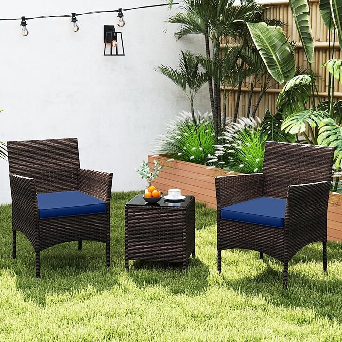 KOTEK 3 Piece Patio Furniture Set, Outdoor Wicker Patio Chairs with Soft Cushions & Tempered Glass Top Table, PE Rattan Bistro Set for Porch, Garden, Balcony (Navy)