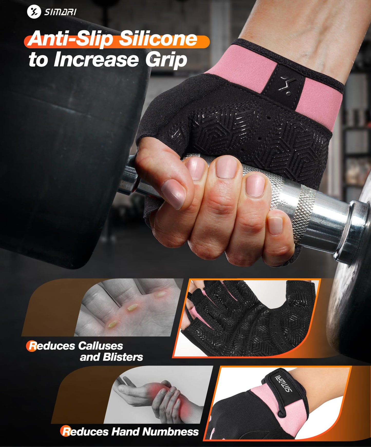 SIMARI Breathable Workout Gloves for Men & Women, Weight Lifting Gloves with Padded, Grip, Full Palm Protection, Gift for Gym Exercise, Cycling, Weightlifting Training, Fitness, Pink, Size L