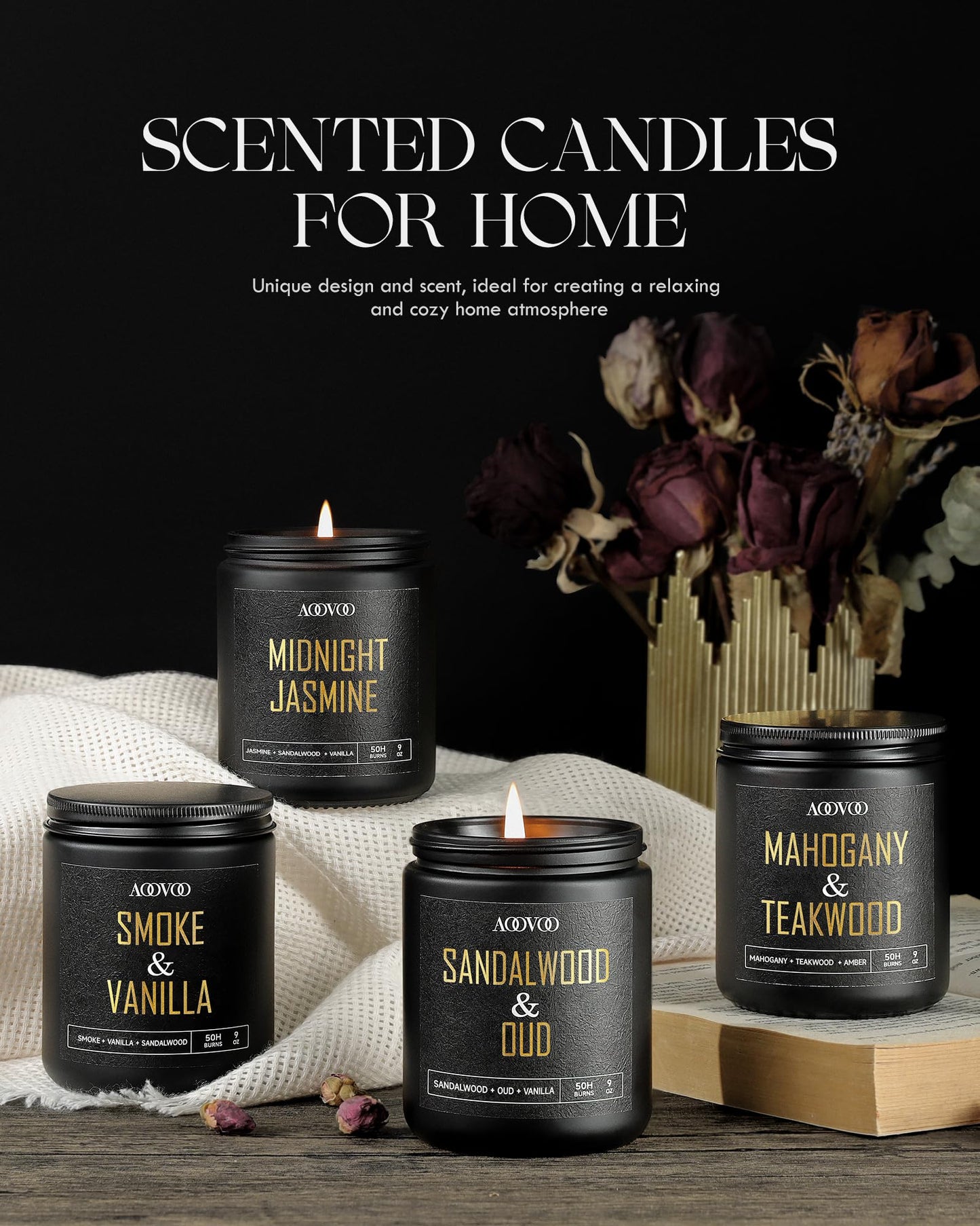 AOOVOO Scented Candles for Men - 4 Pack Candles for Home Scented, 36oz Soy Wax, 200 Hour Burn Time, Men Candle Set, Sandalwood Oud/Mahogany Teakwood/Smoke Vanilla/Jasmine Candle Set A