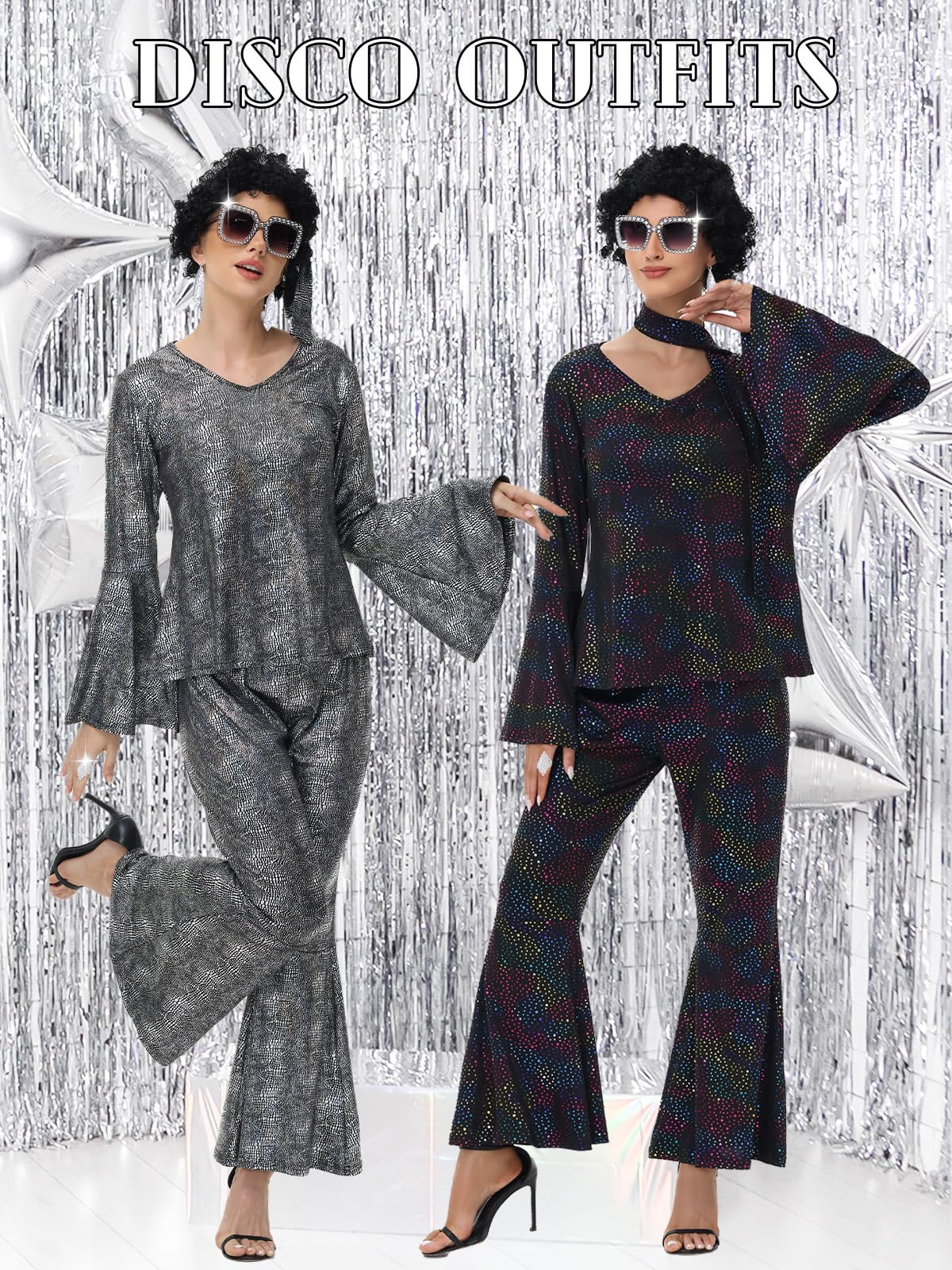 FEELJAM 70s Disco Outfits for Women, Retro 8 PCS Disco Costume with Top, Pants, Sunglasses, Ring, Earrings, Wigand (Black, Large)