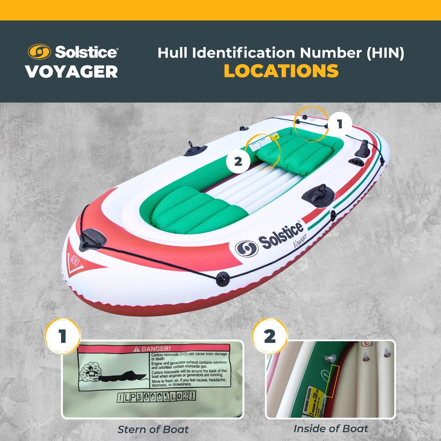 Solstice Voyager 4-Person Inflatable Fishing Boat with Dual Swivel Oar Locks and Rod -Holder, Motor Compatible 9' x 5'