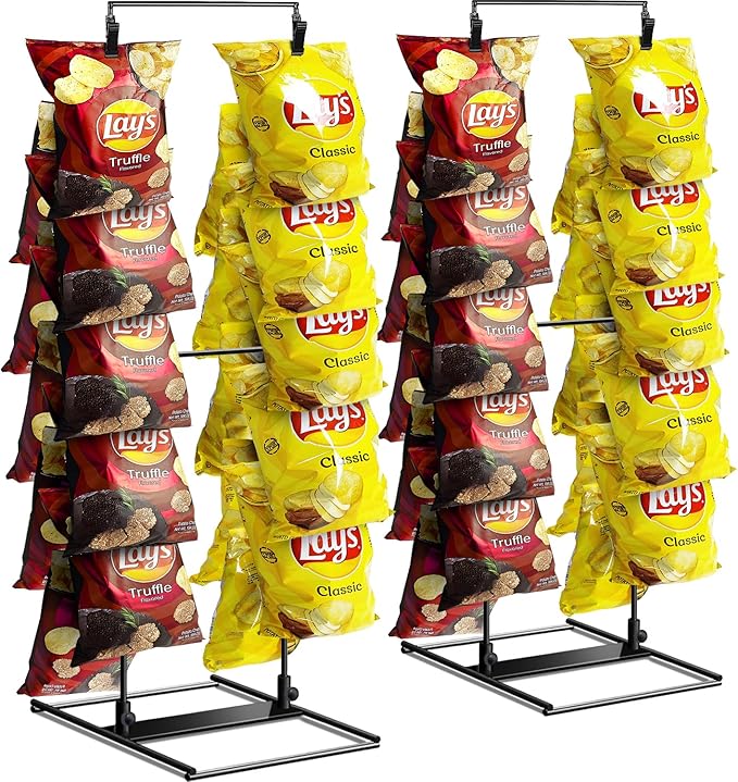 ROSROSE Chip Rack Display Stand 2 Pack, Potato Chip Display Rack with 24 Clips, 2 Row Chip Bag Holder for for Party Displa...