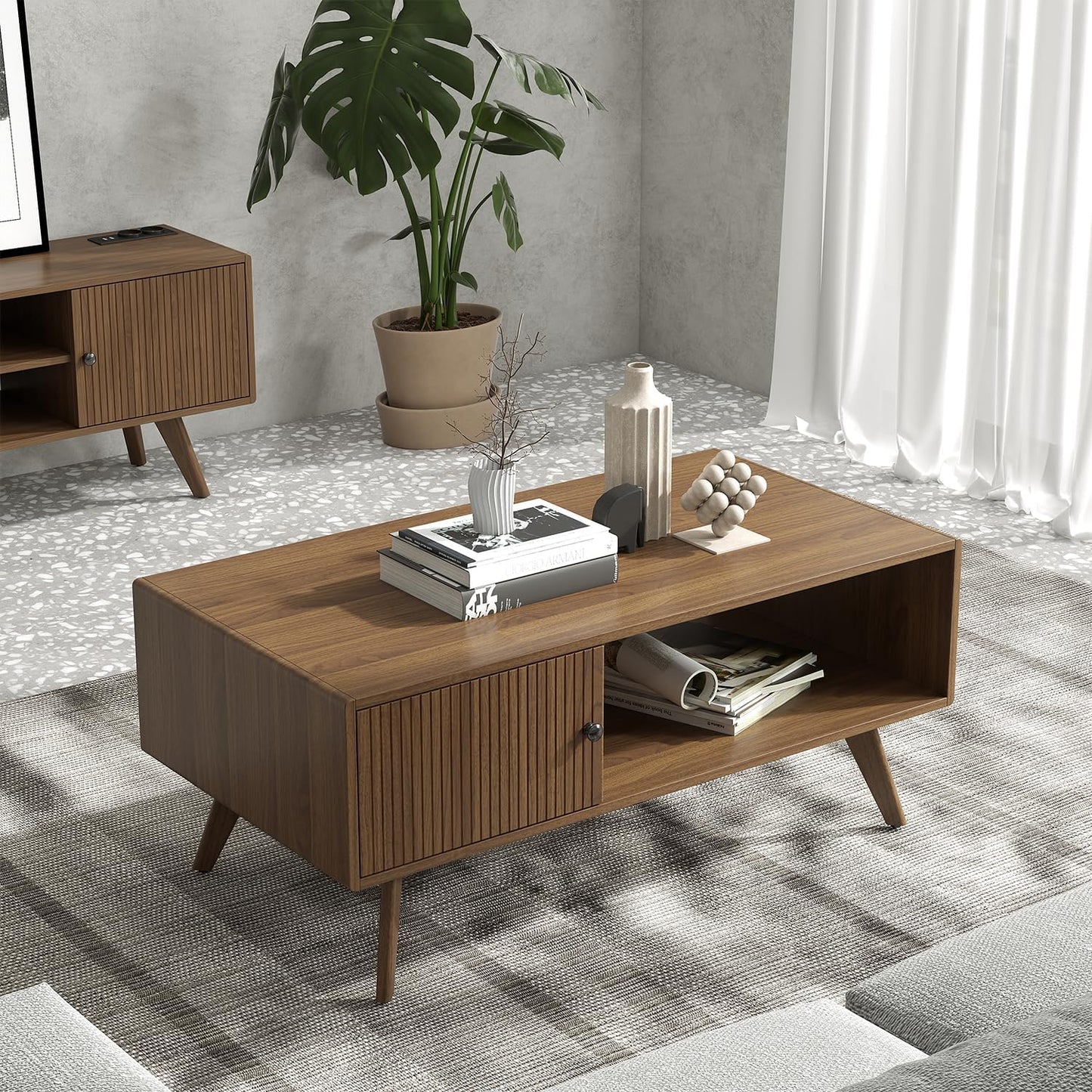 Manora Mid Century Modern Coffee Table with Storage Cabinet and Open Shelf, Wooden Living Room Table with Fluted Drawer and Solid Wood Legs, Walnut Finish Center Table for Small Spaces