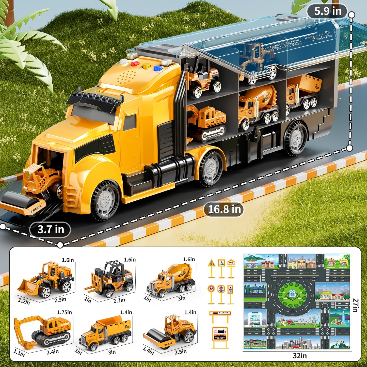 NIPLOOOW Construction Trucks Toy Set with Play Mat, Carrier Truck Play Vehicles Set for 3 4 5 6 Years Old Boys Kids, Die-Cast Car Toy for Toddlers 3-4 Years, Birthday Gifts Toys for 3-9 Year Old Boys