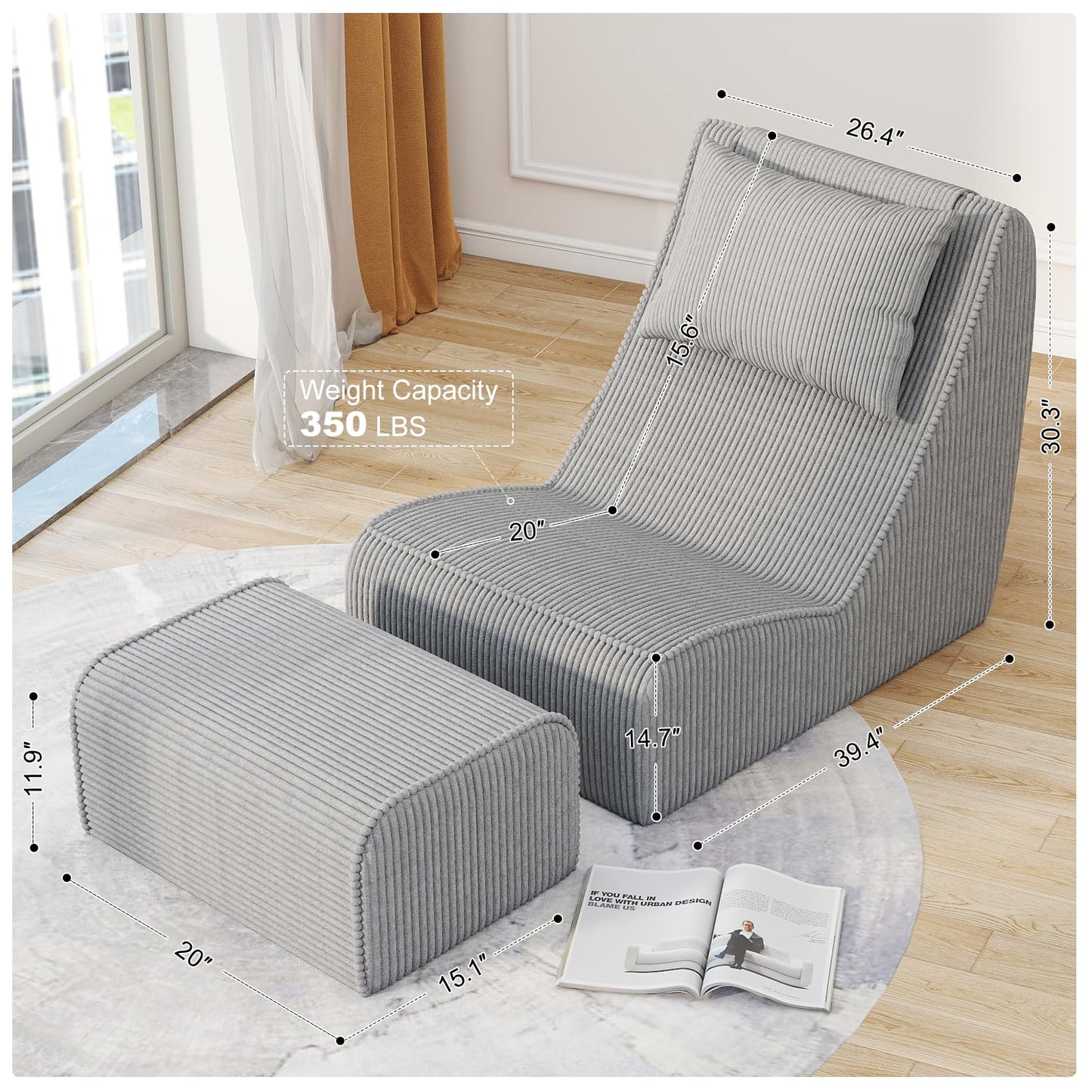 Giant Bean Bag Chair for Adults,Corduroy Chaise Lounge with Unrivaled Back Support, Detachable Neck Pillow, Comfortable Ottoman & Washable Cover for Living Room, Bedroom, Garden (Grey)
