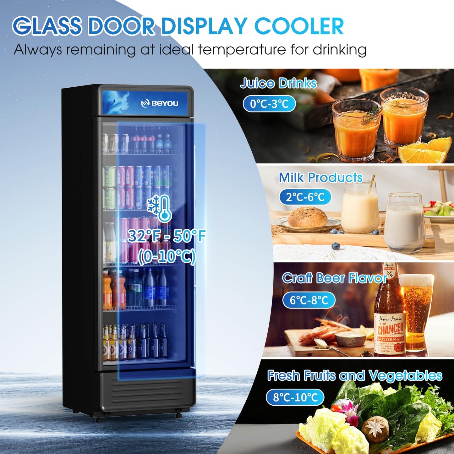 BEYOU Commercial Beverage Refrigerator, 12.2 cu. Ft Upright Display Merchandiser with single Glass Door, Drink Cooler for Living Room,Bar,Garage（Black）