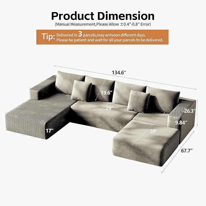 Fancyfire 134.6" Cloud Modular Sectional Couch with Chaise and Pillows,Ultimate Comfort U-Shaped Deep Seat Sofa,Boneless Couch Upholstered 3-Seater Sofas for Living Room, No Assembly Required(Khaki)