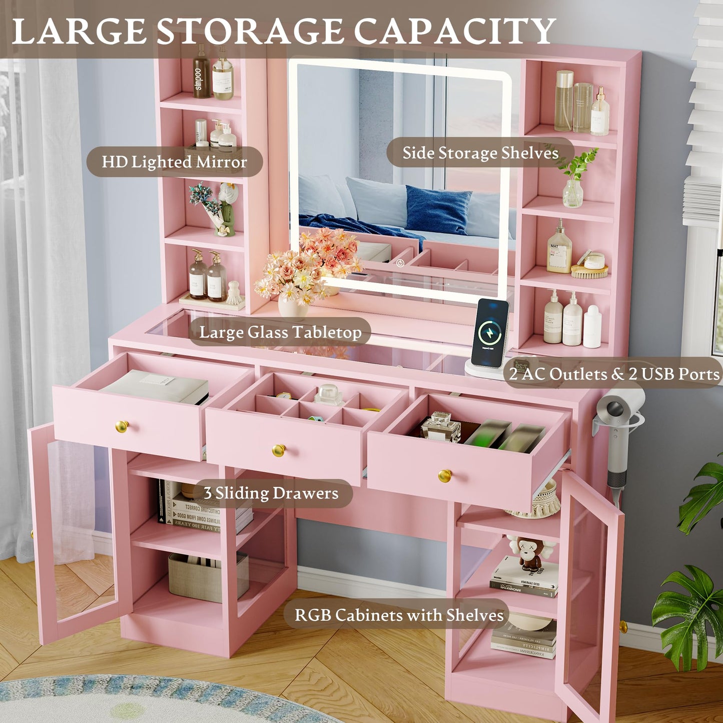 Makeup Vanity Desk with HD Lighted Mirror & Power Outlet, Glass Top Vanity Table Set with Storage Drawers & RGB Cabinets, Large Dressing Table with 3 Lighting Modes for Bedroom Women Girls Kids, Pink