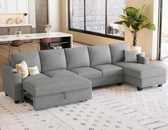 Belffin Modular Sectional Sleeper Sofa Bed with Storage Chaise L Shaped Sectional Couches for Living Room Armrest with Cup Holder. Light Gery Couch
