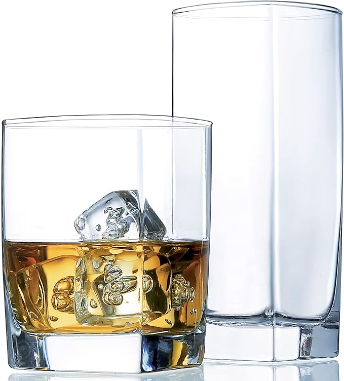 Collins Everyday Drinking Glasses Set of 16 Drinkware Kitchen Glasses for Cocktail, Iced Coffee, Beer, Ice Tea, Wine, Whis...