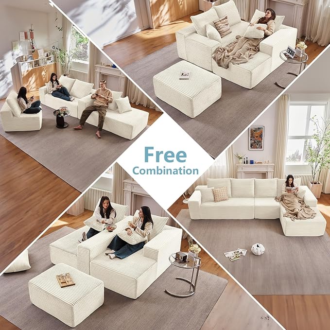 135.4" Cloud Sectional Couch with L-Shape Chaise, Modern Corduroy Boneless Couch for Living Room,Memory Foam Sofa with Deep Seat,No Assembly Required (White,Right-Facing Chaise)