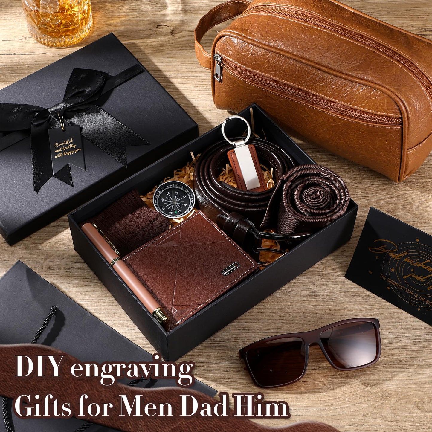 Geyoga 12 Pcs Men Birthdays Gift Set with Box for Men Dad Basket PU Leather Wallet Leather Toiletry Bag Tie Socks Belt Keychain Sunglasses Pen Compass Set for Father's Day(Brown)