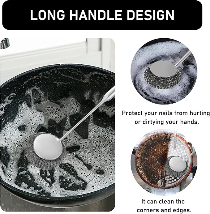 Stainless Steel Wool Metal Wire Scrubber Sponge Scouring Pads Brush Set with Handle for Cleaning Dishes,Pots and Pans,Kitchen Cast Iron,Stoves, Sink,Cooking Tools,Silver(7pcs)