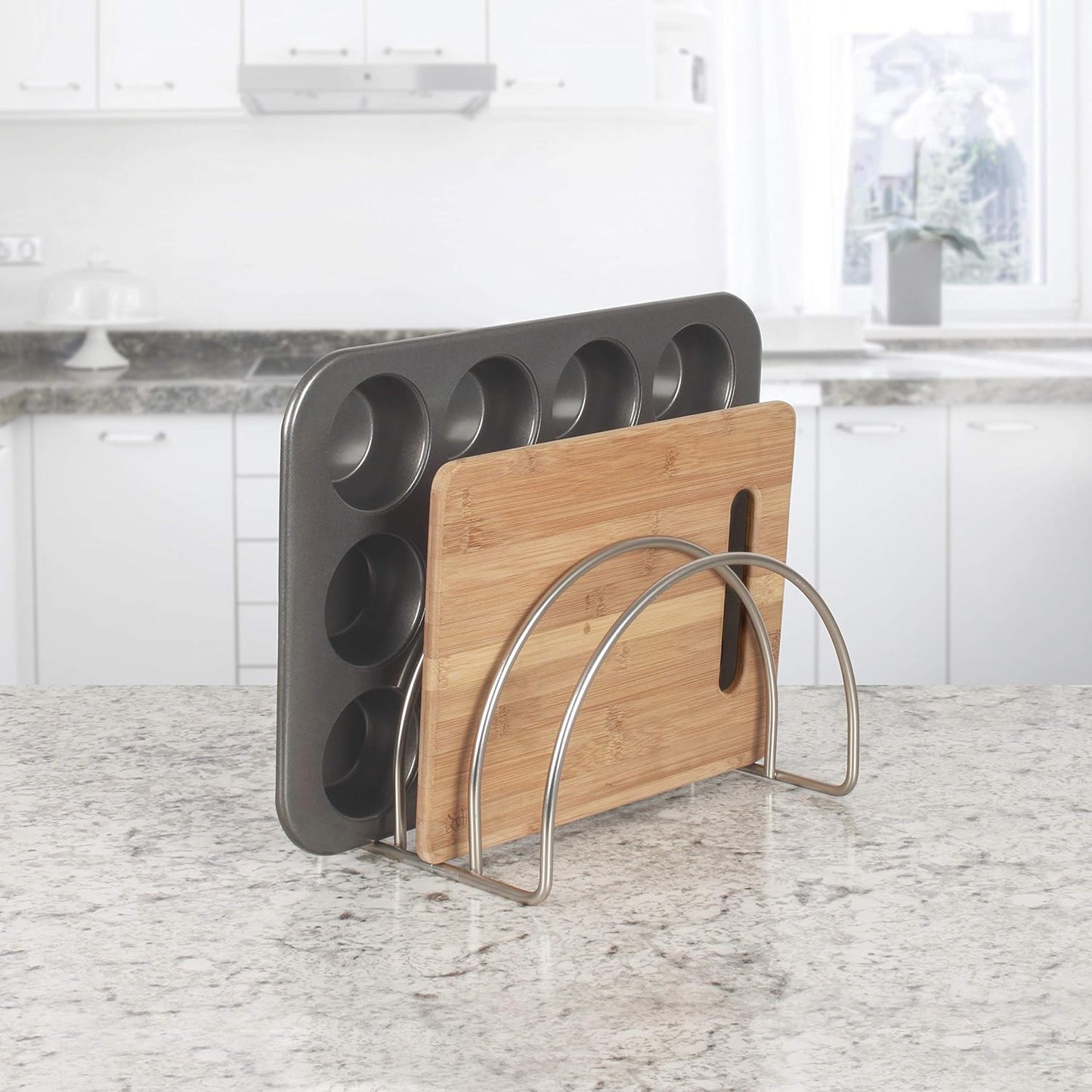 Spectrum Kitchen Cabinet Organizer for Plates and Bowls Satin Nickel Arch 3 Slot Cabinet Organizer for Dishes Plates Cutting Boards Cookie Sheets Trays, Lid Organizer Rack for Kitchen Storage