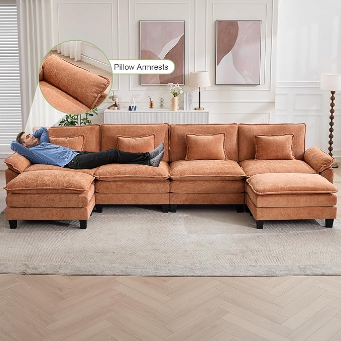 Oprisen 154" Modular Sectional Sofa, Comfy Cloud Couch Sectional Sofa with Ottoman, Chenille Sofa Sleeper Deep Seat Sofa with Throw Pillows for Living Room (Orange, 154"- U Shape)